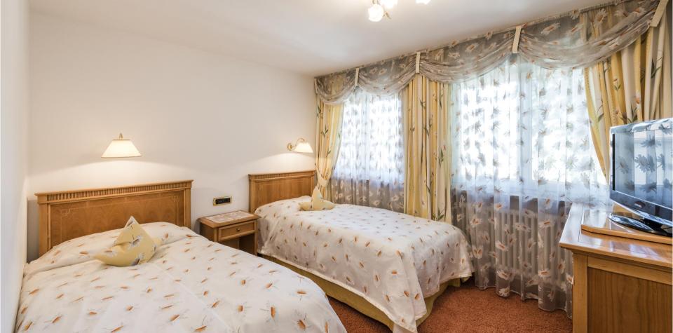 A bedroom with two twin beds and a TV - Daisy Suite